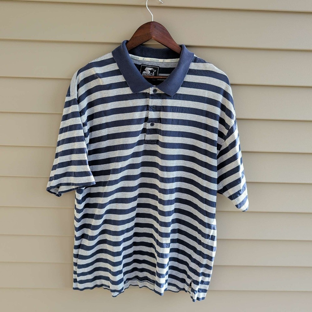 Starter Polo Shirt Mens XL Navy Blue White Striped Short Sleeve Cotton Casual‎